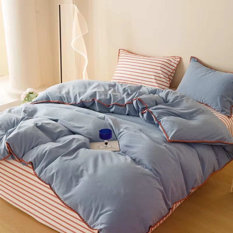 Hot Sale Stripe Color Collision Shell Embroidery Student Dormitory Solid Color Four Piece Set