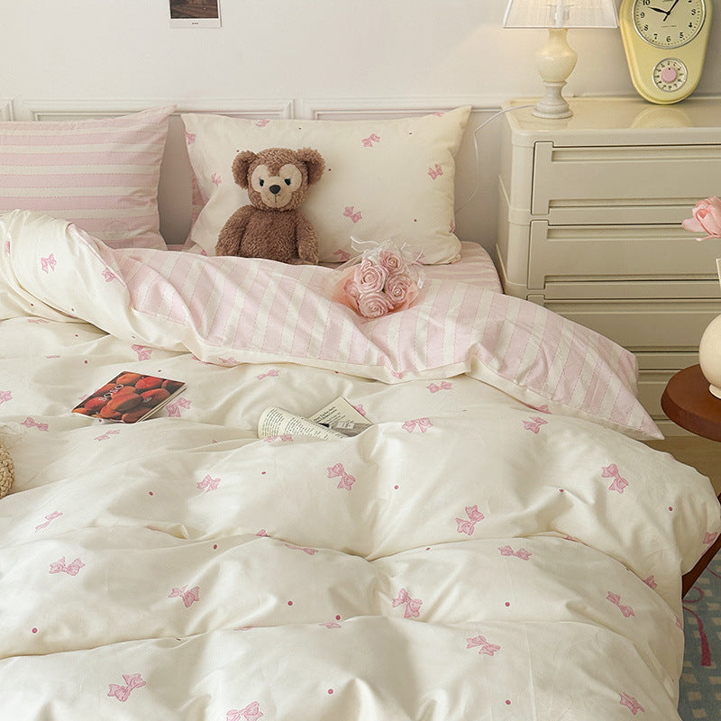 Cream Style Bowknot PureCotton Quilt Cover Three-piece Set