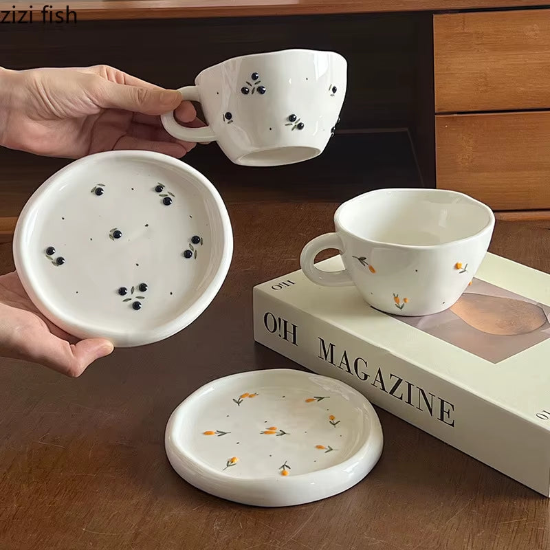 Ceramic Mug Dish Set Cherry Pattern Coffee Cup Latte Cup Beverage Cup Milk Cups Teacup Household Water Cups Beverage Utensil