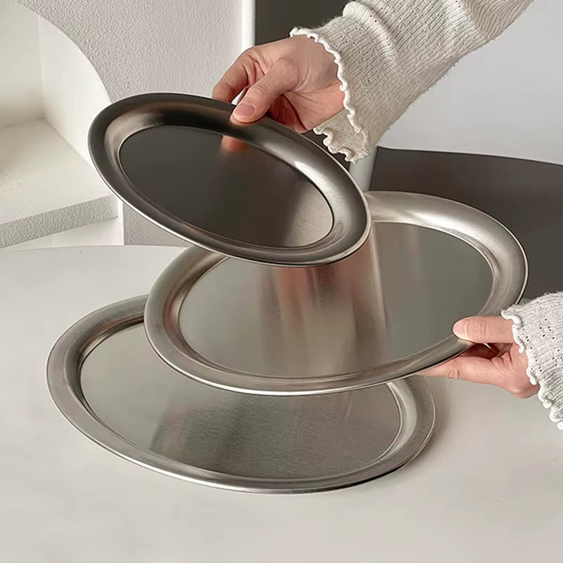 Multi-Size Stainless Steel Oval Dish Plates Household Food Dinner Steamed Shallow Plate Kitchen Tableware