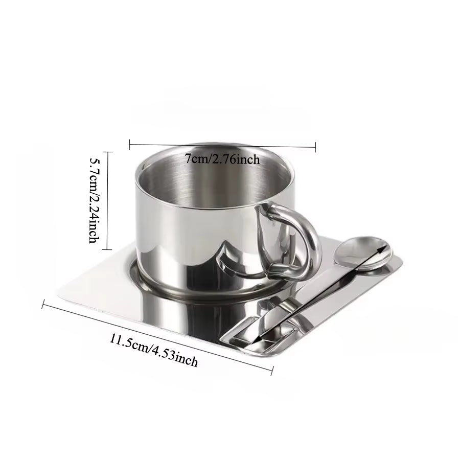 Minimalist Nordic Mug 3Pcs Set 304 Stainless Steel Coffee Mug Heat Resistant Milk Cup with Saucer Spoon Placemat Tableware Set