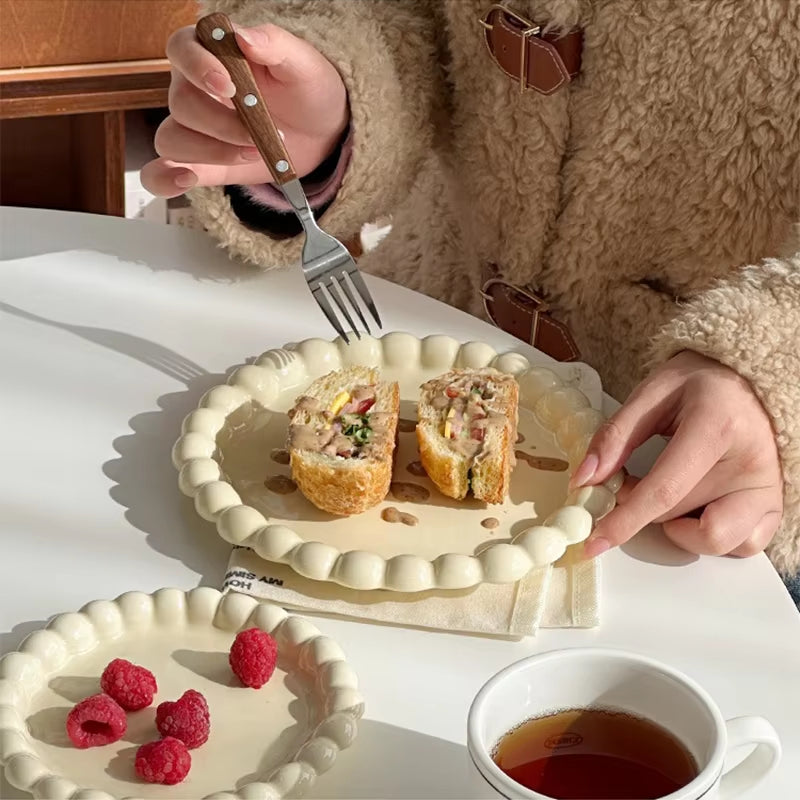 Ins Style Beaded Dessert Plate French Western Food Plate Ceramic Breakfast Plate Ornaments Poses Ceramic Dishes