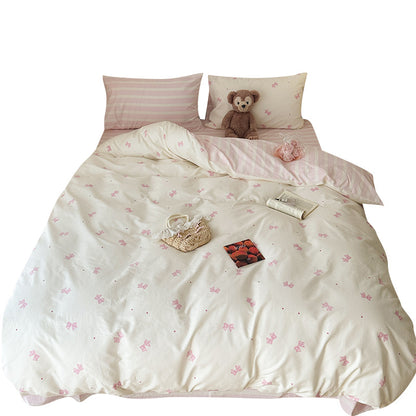 Cream Style Bowknot PureCotton Quilt Cover Three-piece Set