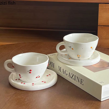 Ceramic Mug Dish Set Cherry Pattern Coffee Cup Latte Cup Beverage Cup Milk Cups Teacup Household Water Cups Beverage Utensil
