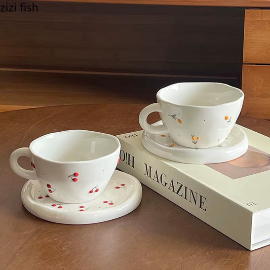 Ceramic Mug Dish Set Cherry Pattern Coffee Cup Latte Cup Beverage Cup Milk Cups Teacup Household Water Cups Beverage Utensil