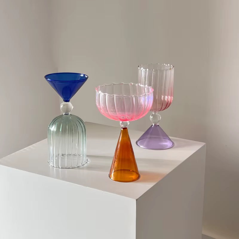 Creative Two Tone Green Blue Amber Purple Colored Ripple Style Martini Mojito Champagne Margarita Cocktail Glasses Goblet Cup