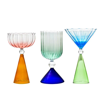 Creative Two Tone Green Blue Amber Purple Colored Ripple Style Martini Mojito Champagne Margarita Cocktail Glasses Goblet Cup