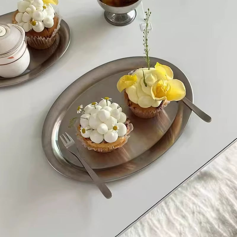 Multi-Size Stainless Steel Oval Dish Plates Household Food Dinner Steamed Shallow Plate Kitchen Tableware