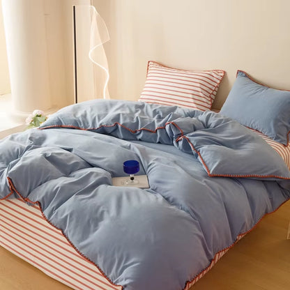 Hot Sale Stripe Color Collision Shell Embroidery Student Dormitory Solid Color Four Piece Set