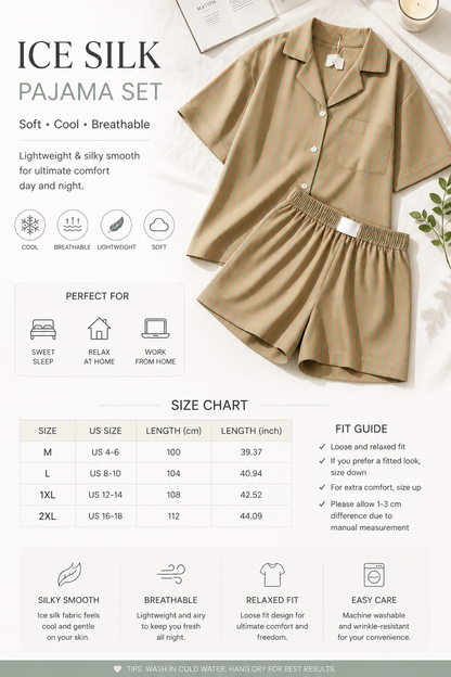 Women's Ice Silk Pajama Set Summer Short Sleeve & Shorts Soft Breathable Loungewear