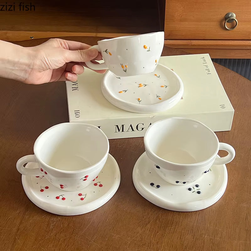 Ceramic Mug Dish Set Cherry Pattern Coffee Cup Latte Cup Beverage Cup Milk Cups Teacup Household Water Cups Beverage Utensil