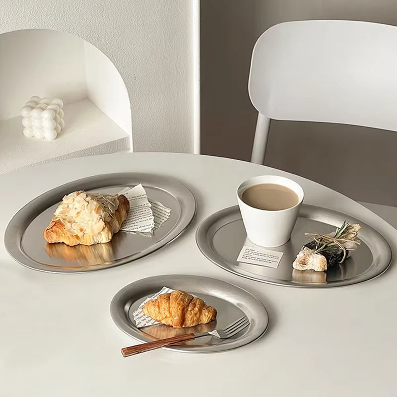 Multi-Size Stainless Steel Oval Dish Plates Household Food Dinner Steamed Shallow Plate Kitchen Tableware