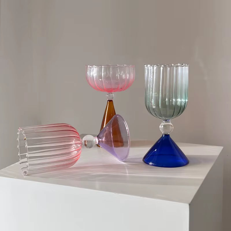 Creative Two Tone Green Blue Amber Purple Colored Ripple Style Martini Mojito Champagne Margarita Cocktail Glasses Goblet Cup