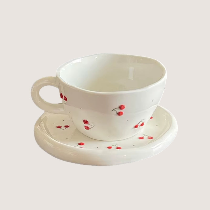 Ceramic Mug Dish Set Cherry Pattern Coffee Cup Latte Cup Beverage Cup Milk Cups Teacup Household Water Cups Beverage Utensil
