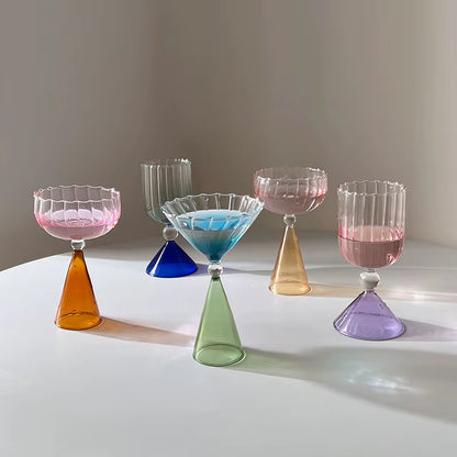 Creative Two Tone Green Blue Amber Purple Colored Ripple Style Martini Mojito Champagne Margarita Cocktail Glasses Goblet Cup