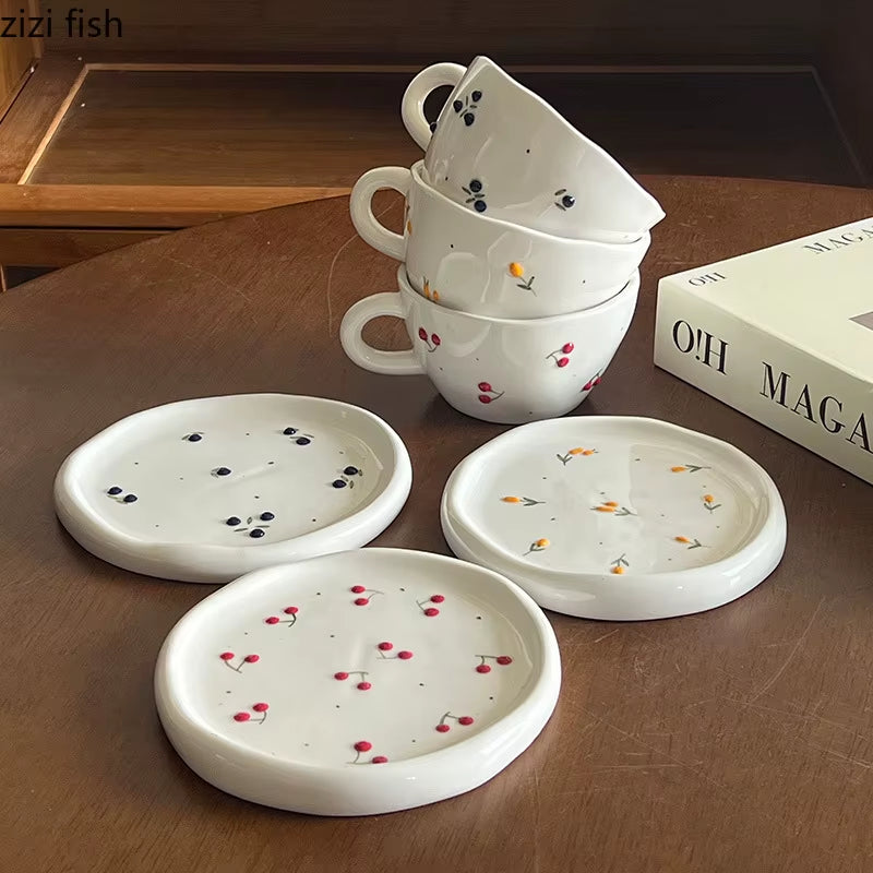 Ceramic Mug Dish Set Cherry Pattern Coffee Cup Latte Cup Beverage Cup Milk Cups Teacup Household Water Cups Beverage Utensil